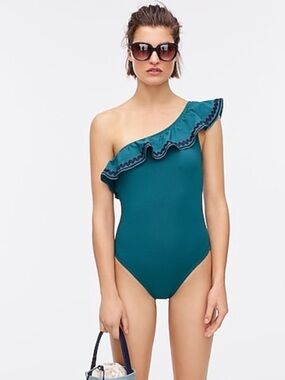 J. Crew One Shoulder Ruffle One Piece Swimsuit AJ650 Size 8